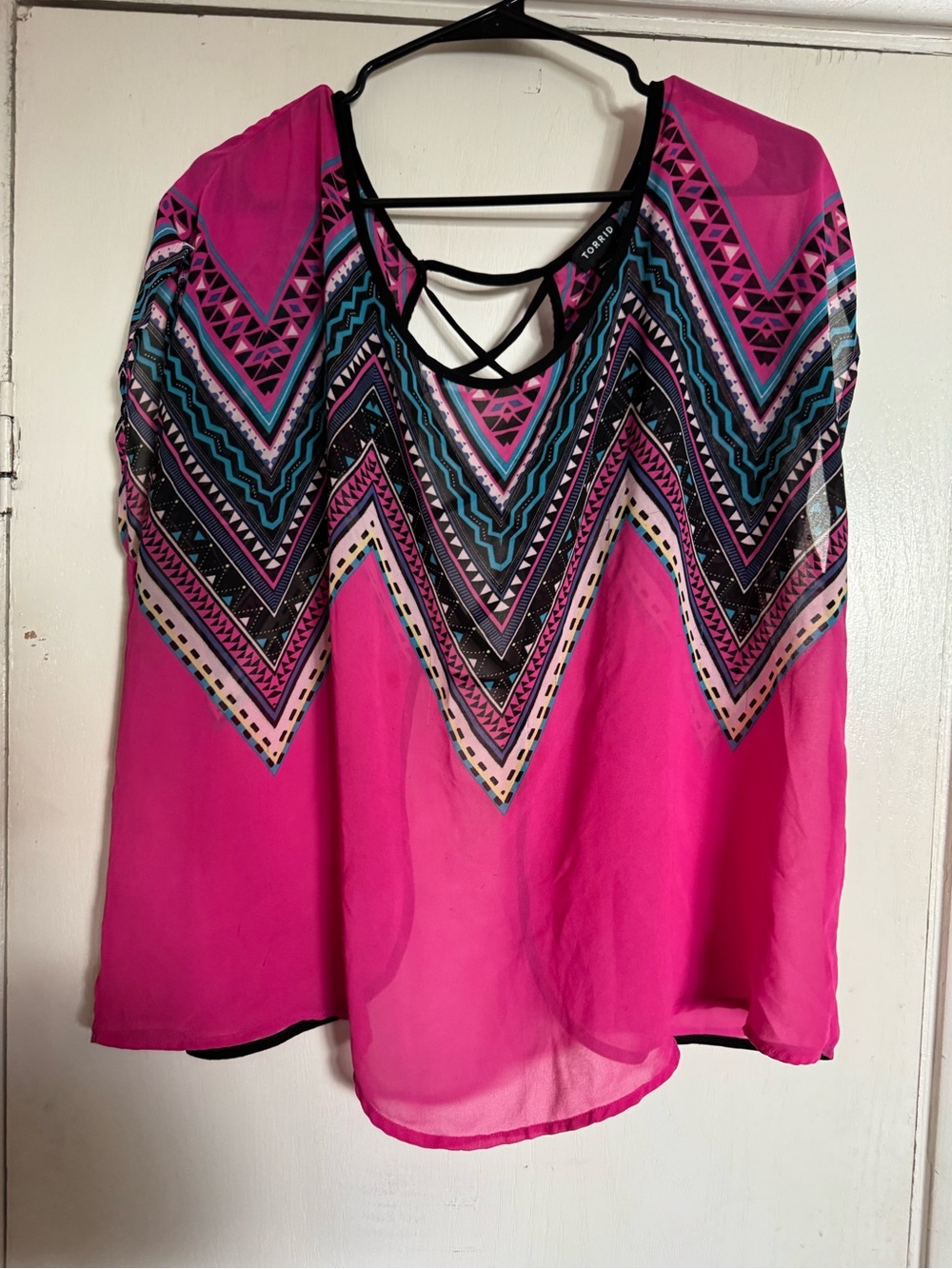 torrid Hot Pink Chevron Overlay Blouse with Crisscross Neck